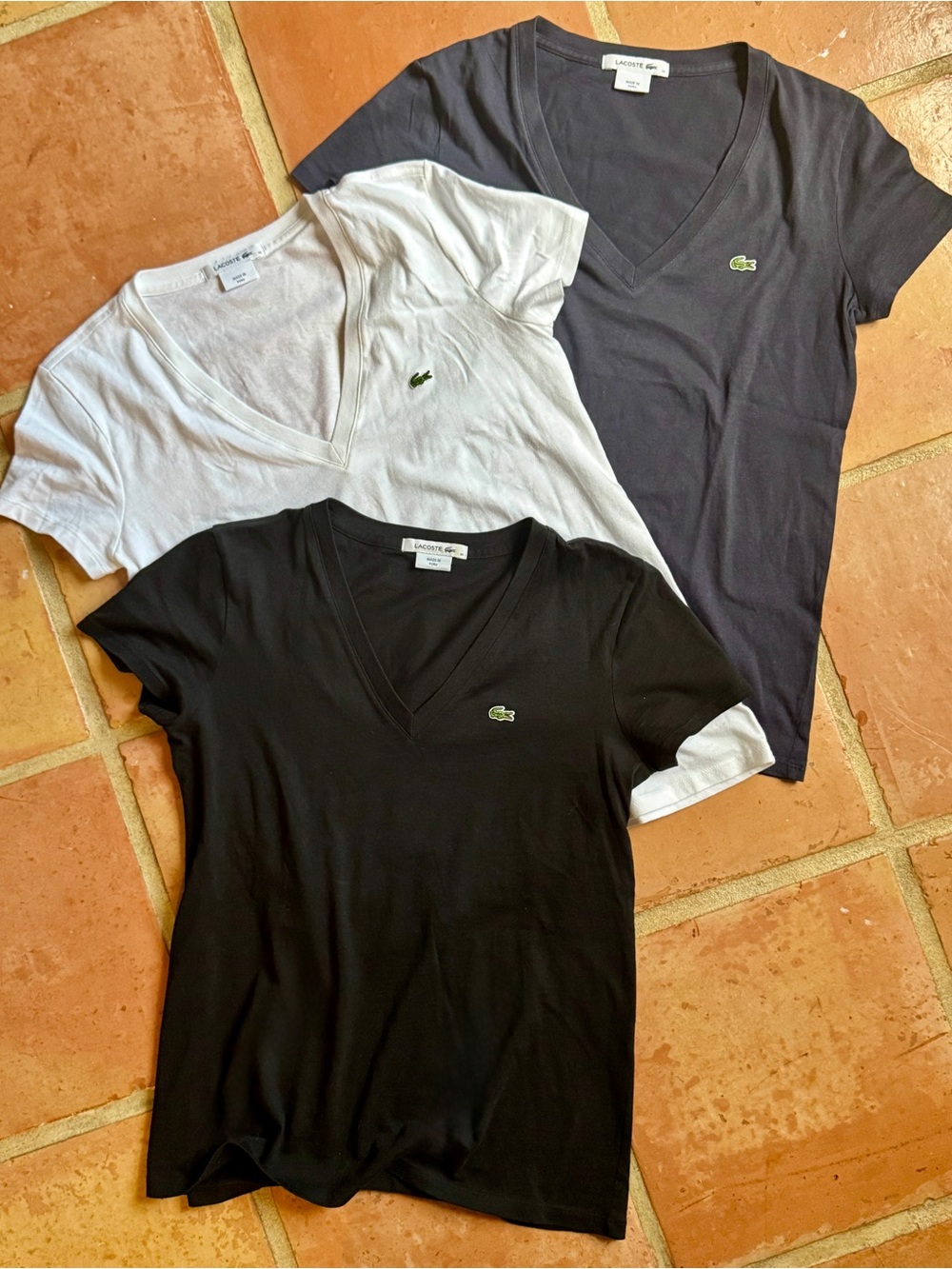 Bundle 3 Lacoste🐊 V-Neck Ribbed Tees Black, White, and Navy S 36